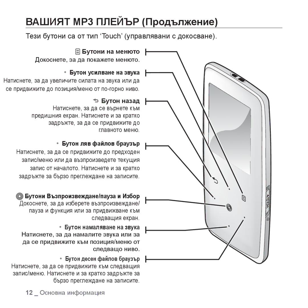 Samsung YP-S3JQL/EDC, YP-S3JQG/EDC Вашият MP3 Плейър Продължение, Тези бутони са от тип ‘Touch’ управлявани с докосване 