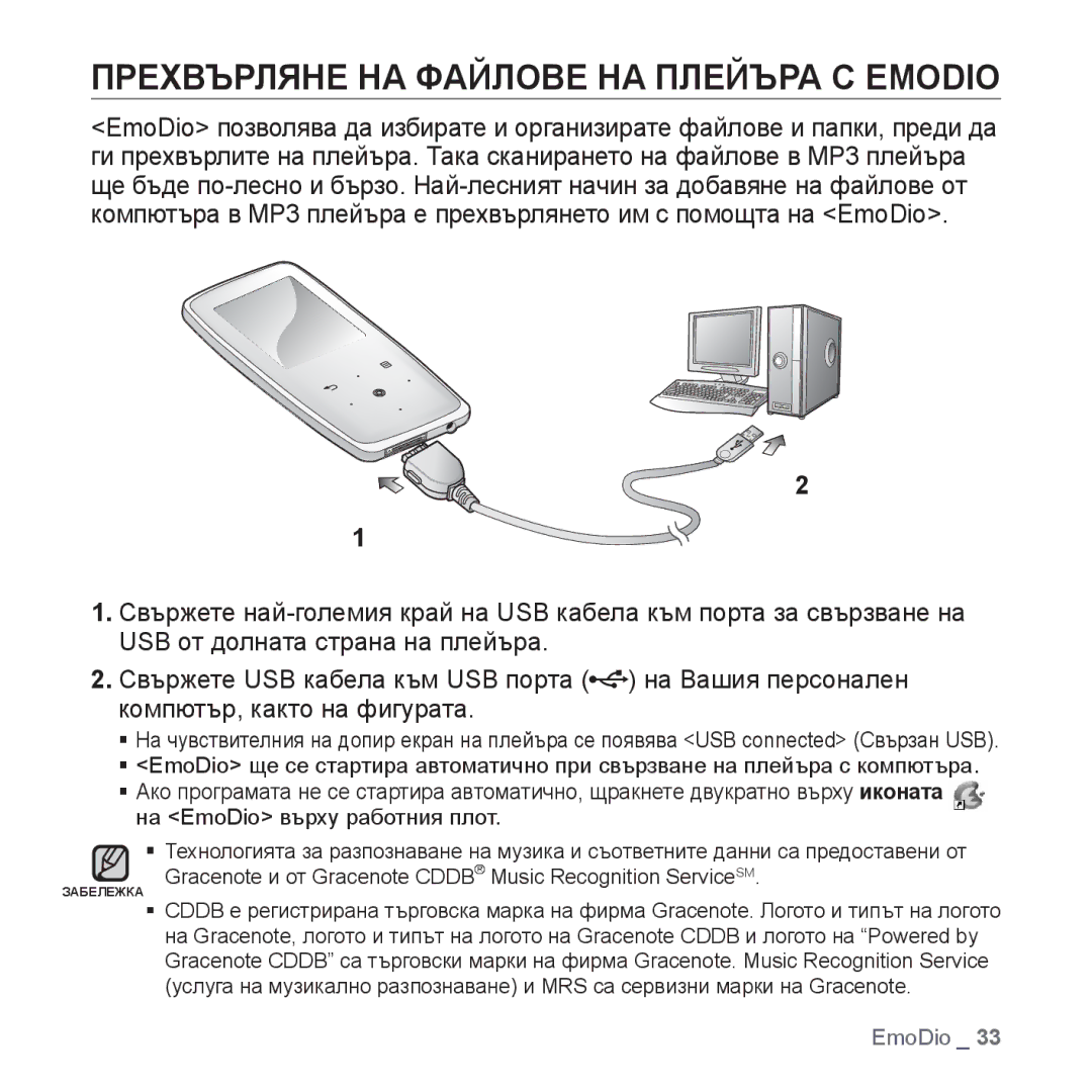 Samsung YP-S3JQW/EDC, YP-S3JQL/EDC, YP-S3JQG/EDC, YP-S3JQB/EDC, YP-S3JQR/EDC manual Прехвърляне НА Файлове НА Плейъра С Emodio 