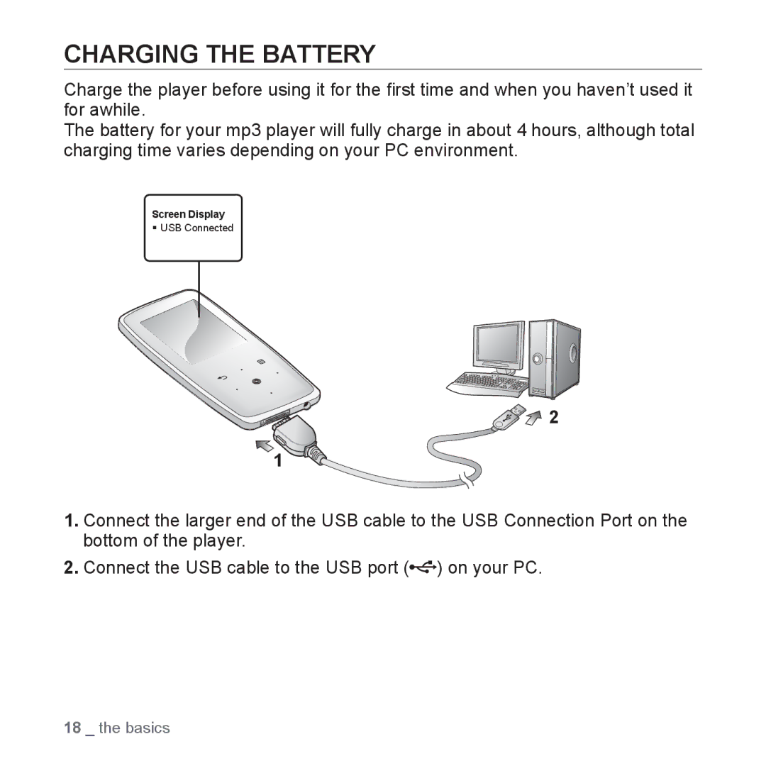 Samsung YP-S3QL/XSV, YP-S3QB/XSV, YP-S3QG/XSV, YP-S3AW/XSV, YP-S3QW/XSV, YP-S3AG/XSV, YP-S3AL/XSV manual Charging the Battery 