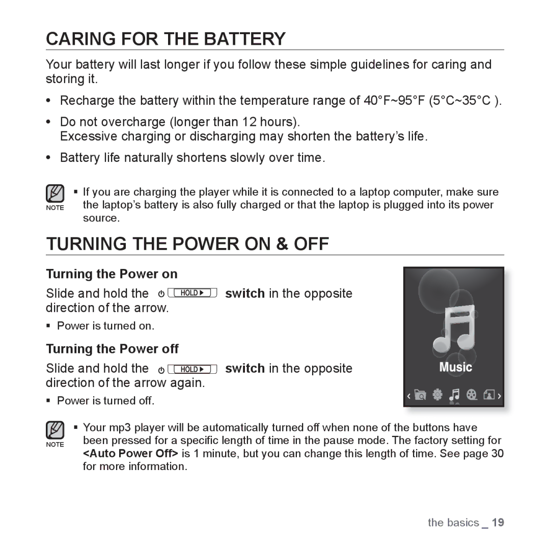 Samsung YP-S3QR/XSV, YP-S3QB/XSV, YP-S3QG/XSV Caring for the Battery, Turning the Power on & OFF, Turning the Power off 