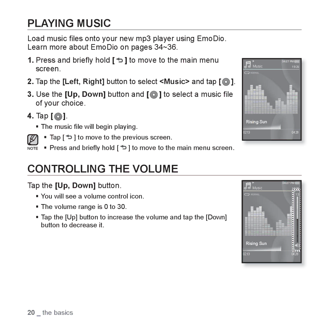 Samsung YP-S3QB/XSV, YP-S3QG/XSV, YP-S3AW/XSV manual Playing Music, Controlling the Volume, Tap the Up, Down button 