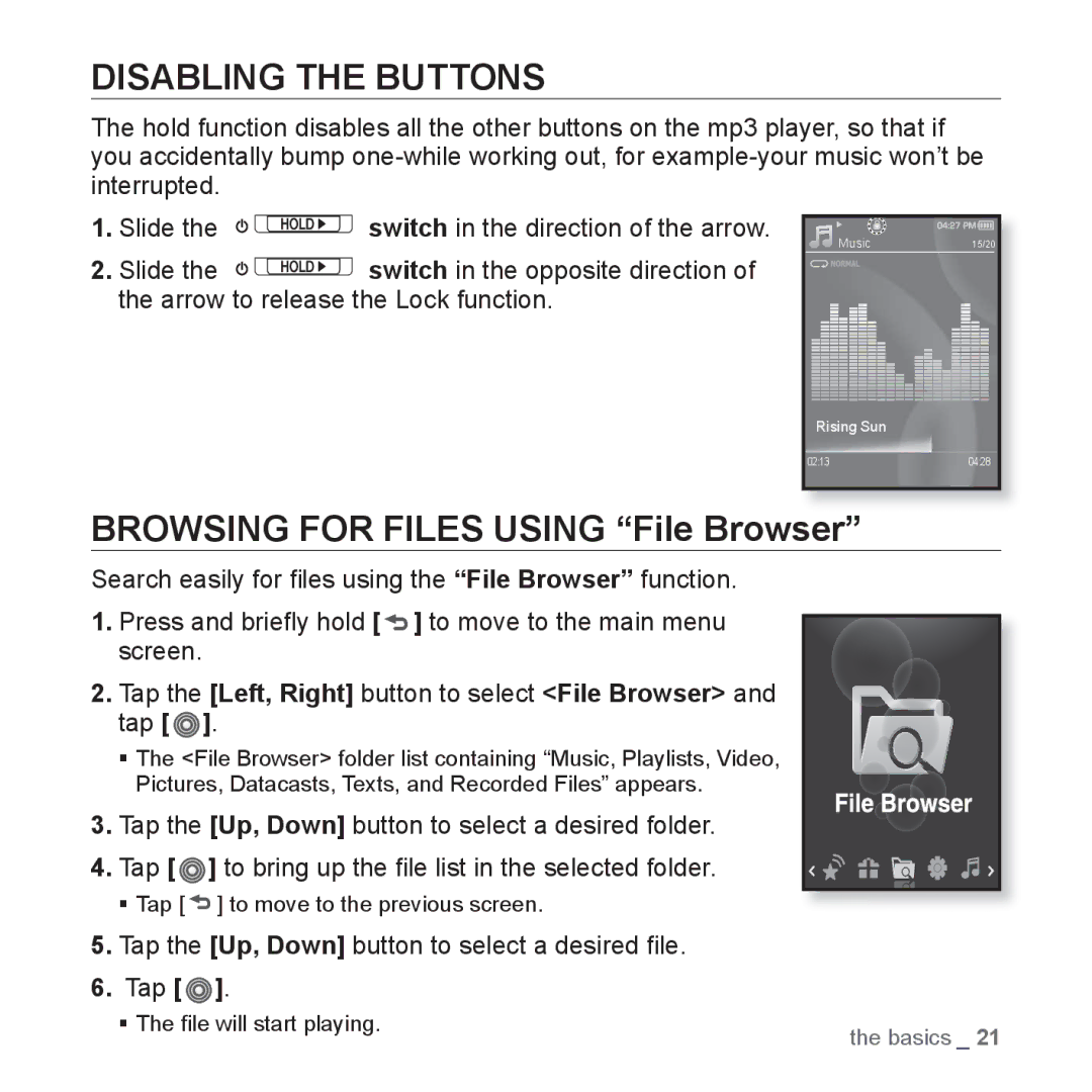 Samsung YP-S3QG/XSV, YP-S3QB/XSV, YP-S3AW/XSV, YP-S3QW/XSV manual Disabling the Buttons, Browsing for Files Using File Browser 