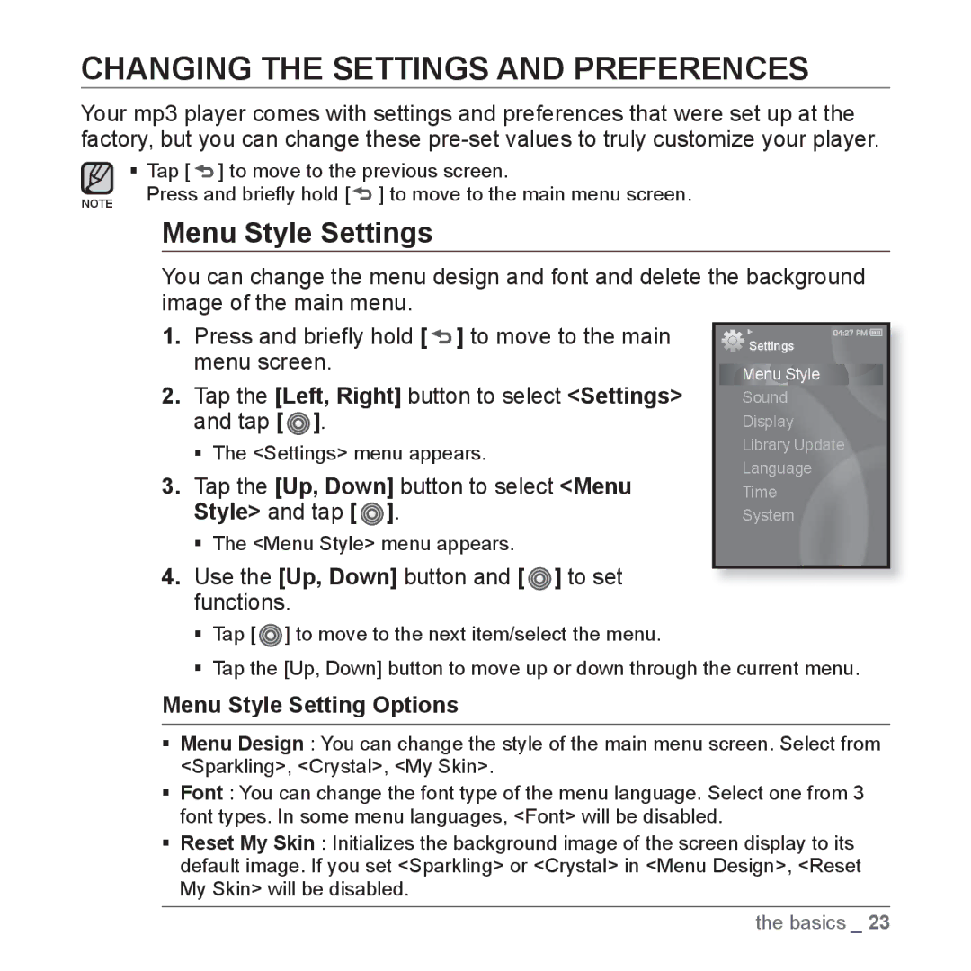 Samsung YP-S3QW/XSV, YP-S3QB/XSV Changing the Settings and Preferences, Menu Style Settings, Menu Style Setting Options 