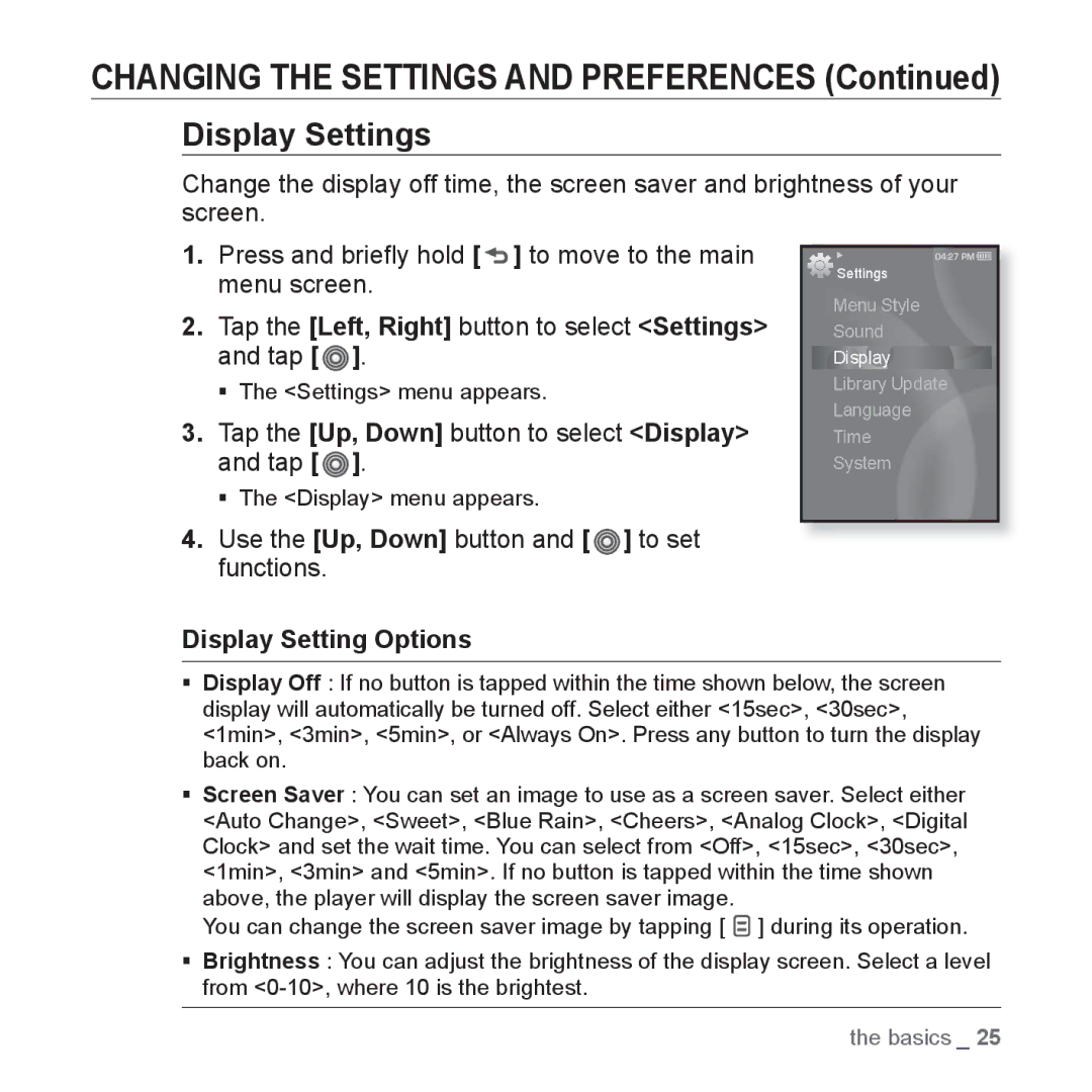 Samsung YP-S3AL/XSV manual Display Settings, Tap the Up, Down button to select Display and tap, Display Setting Options 