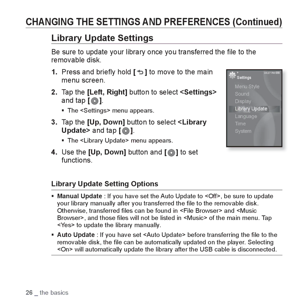 Samsung YP-S3AR/XSV, YP-S3QB/XSV manual Library Update Settings, Tap the Up, Down button to select Library Update and tap 