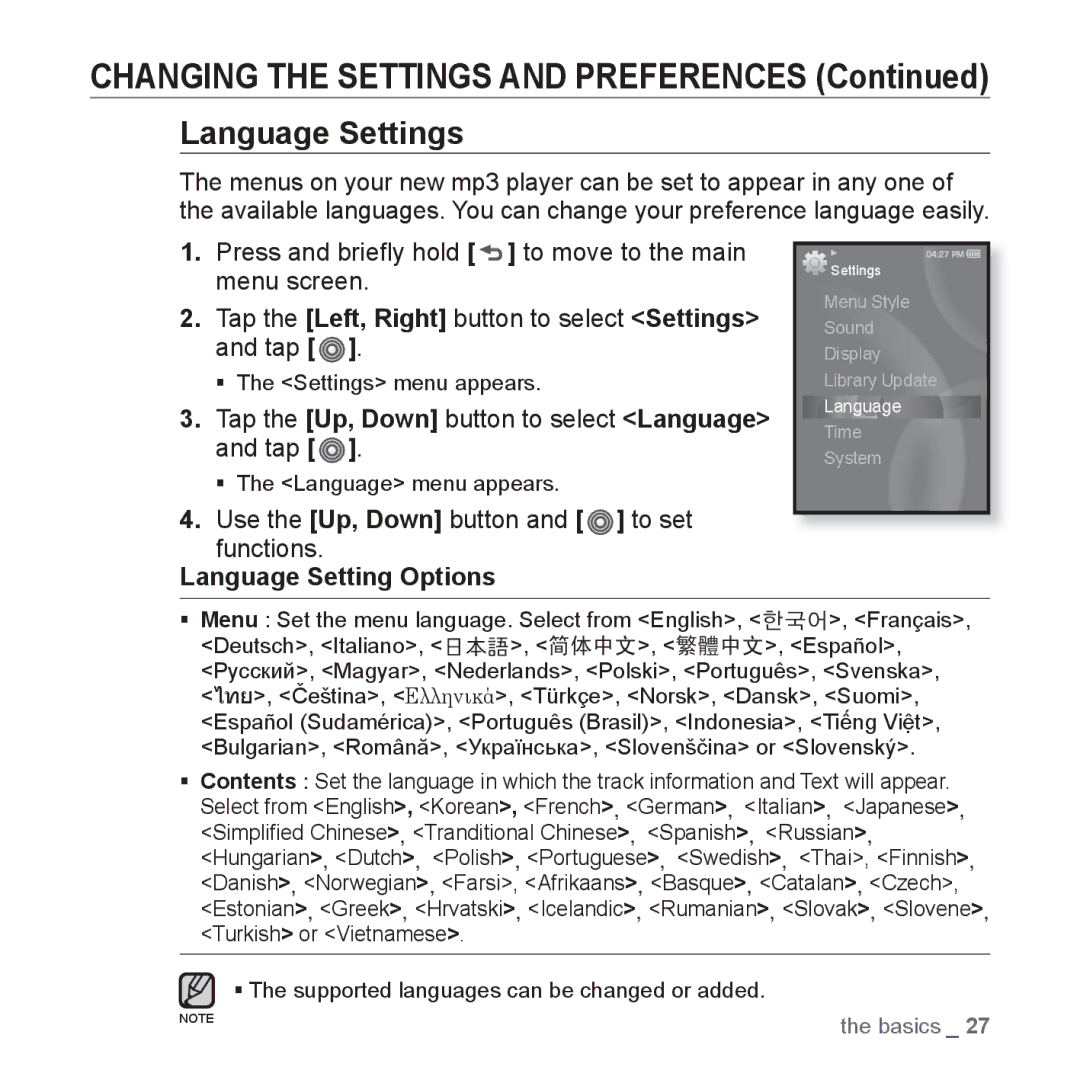 Samsung YP-S3AB/XSV manual Language Settings, Tap the Up, Down button to select Language and tap, Language Setting Options 