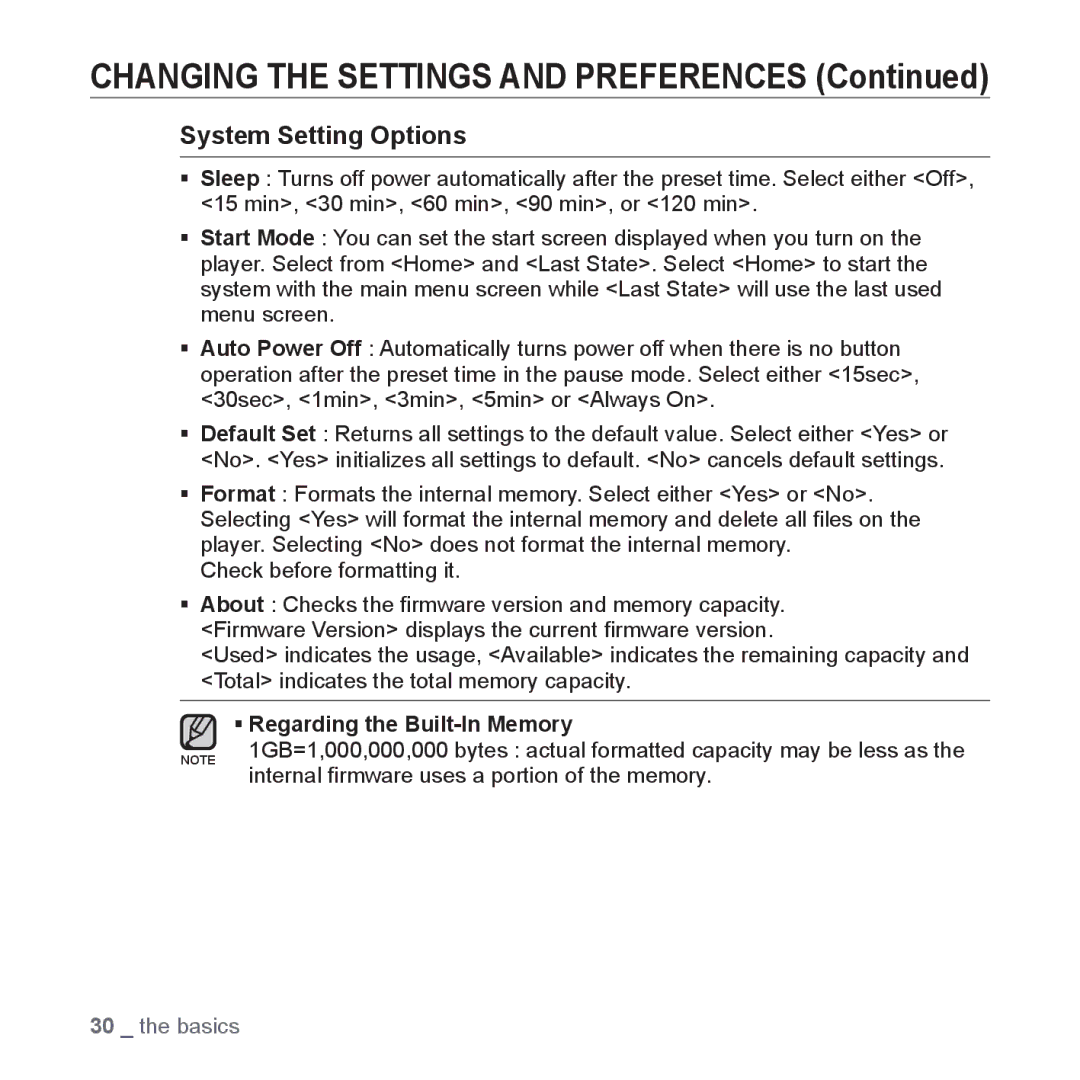 Samsung YP-S3QB/XSV, YP-S3QG/XSV, YP-S3AW/XSV, YP-S3QW/XSV, YP-S3AG/XSV, YP-S3AL/XSV, YP-S3AR/XSV manual System Setting Options 