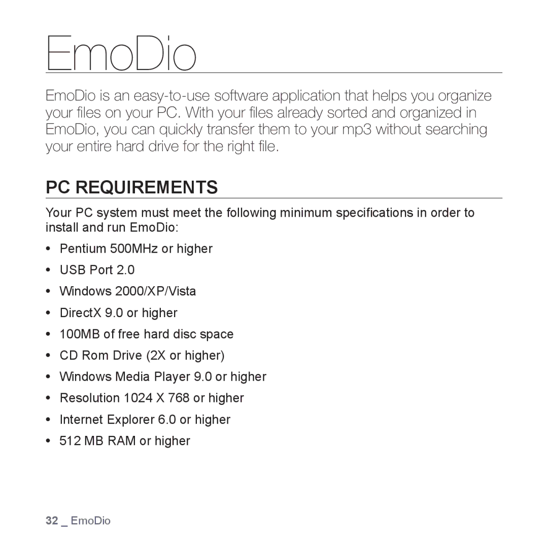 Samsung YP-S3AW/XSV, YP-S3QB/XSV, YP-S3QG/XSV, YP-S3QW/XSV, YP-S3AG/XSV, YP-S3AL/XSV, YP-S3AR/XSV manual EmoDio, PC Requirements 