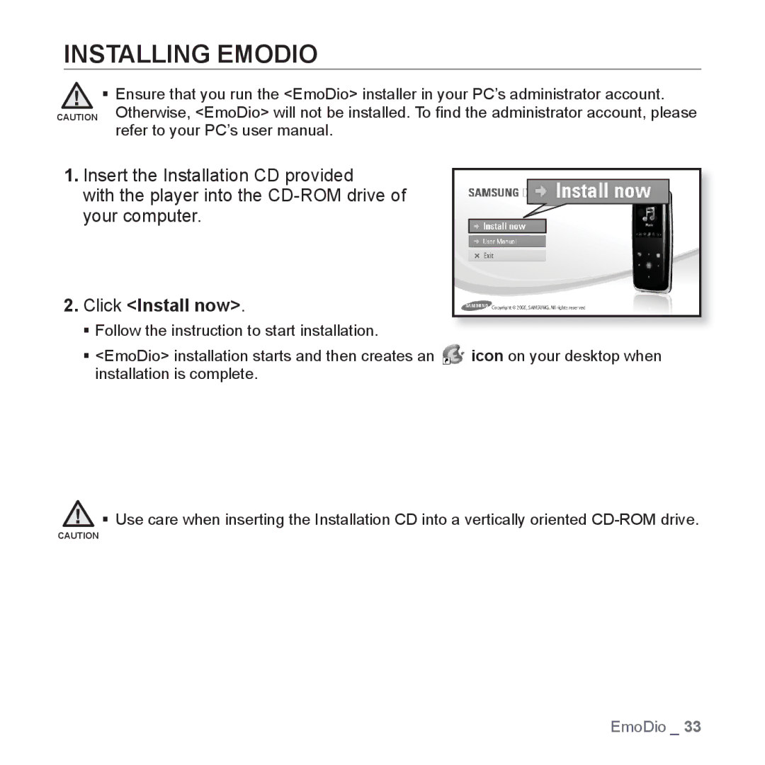 Samsung YP-S3QW/XSV, YP-S3QB/XSV, YP-S3QG/XSV, YP-S3AW/XSV, YP-S3AG/XSV, YP-S3AL/XSV manual Installing Emodio, Click Install now 