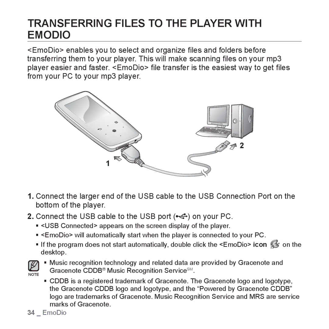 Samsung YP-S3AG/XSV, YP-S3QB/XSV, YP-S3QG/XSV, YP-S3AW/XSV, YP-S3QW/XSV manual Transferring Files to the Player with Emodio 