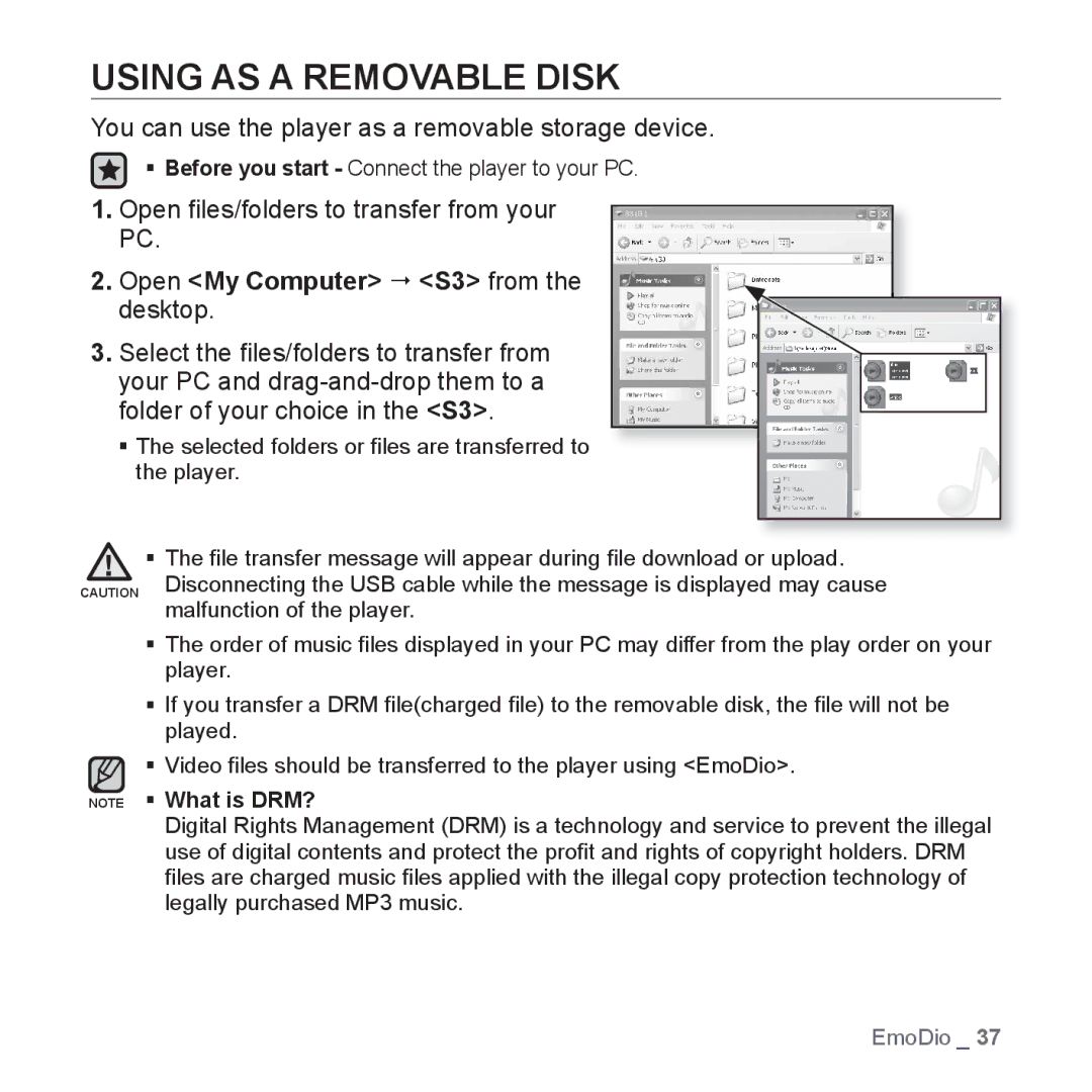 Samsung YP-S3AB/XSV, YP-S3QB/XSV manual Using AS a Removable Disk, You can use the player as a removable storage device 