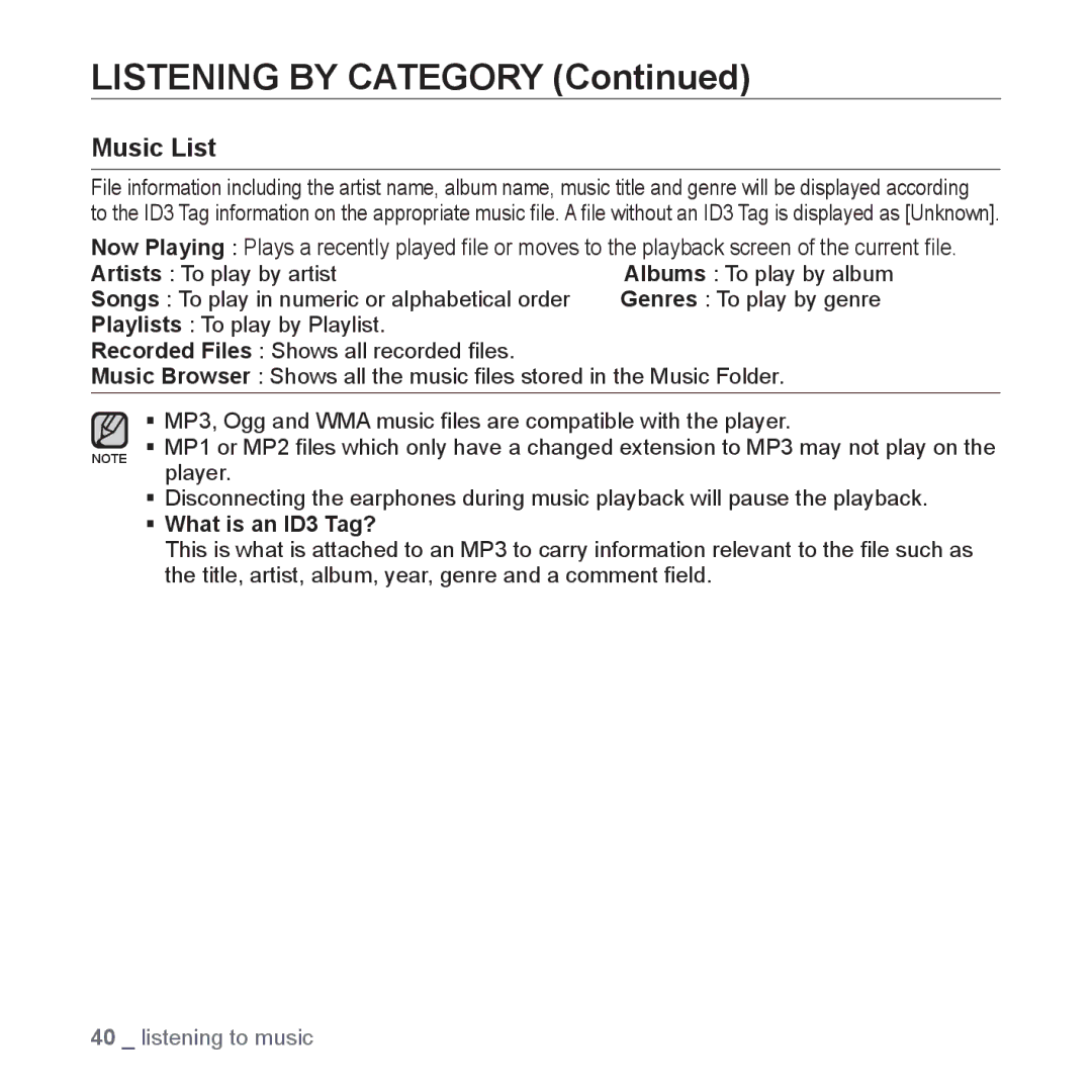 Samsung YP-S3QB/XSV, YP-S3QG/XSV, YP-S3AW/XSV, YP-S3QW/XSV, YP-S3AG/XSV, YP-S3AL/XSV manual Listening by Category, Music List 