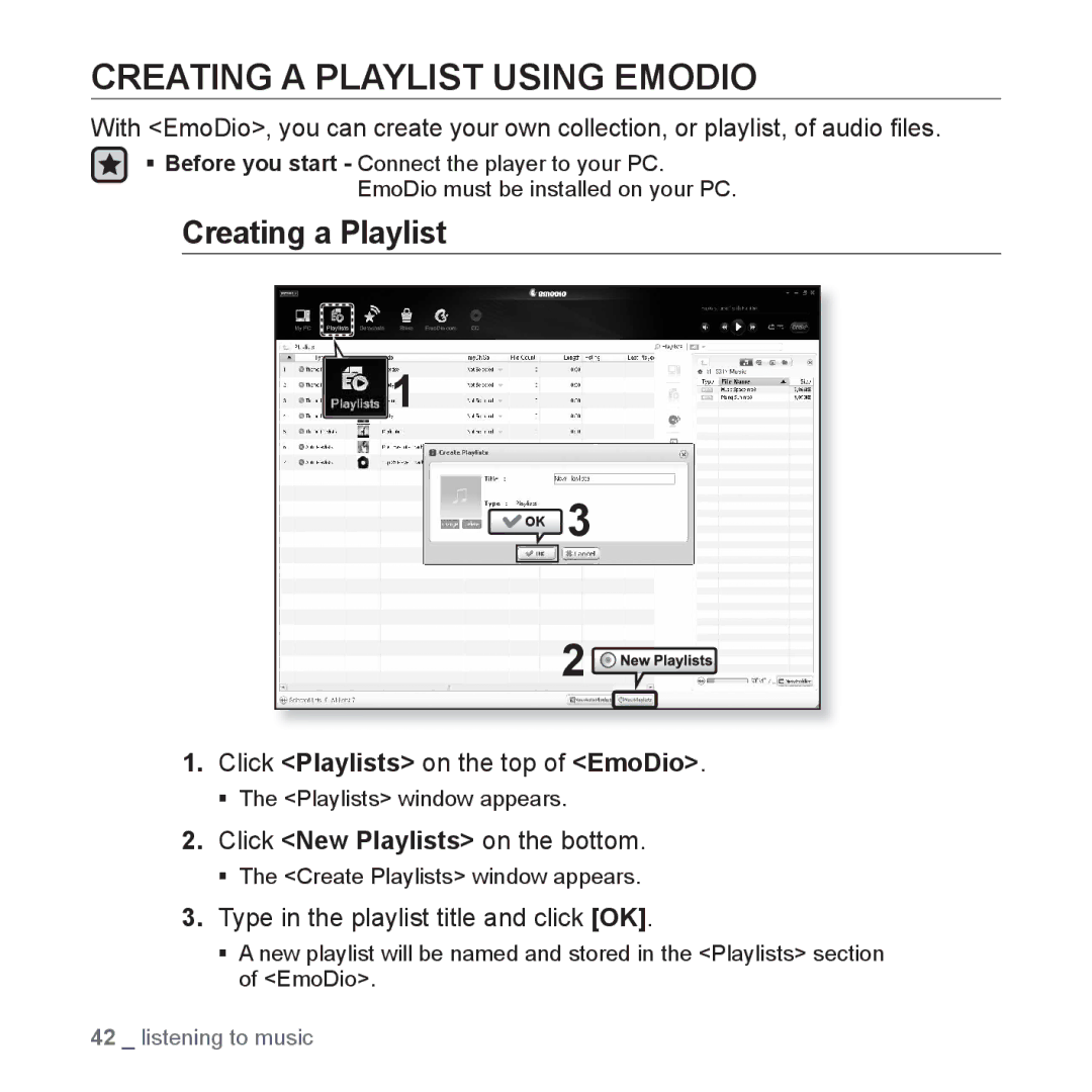 Samsung YP-S3AW/XSV, YP-S3QB/XSV, YP-S3QG/XSV manual Creating a Playlist Using Emodio, Click Playlists on the top of EmoDio 