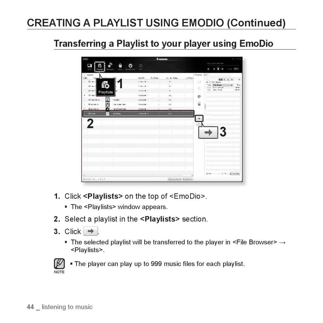 Samsung YP-S3AG/XSV Transferring a Playlist to your player using EmoDio, Select a playlist in the Playlists section Click 