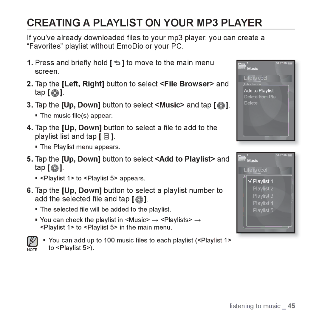 Samsung YP-S3AL/XSV Creating a Playlist on Your MP3 Player, Tap the Up, Down button to select Add to Playlist and tap 