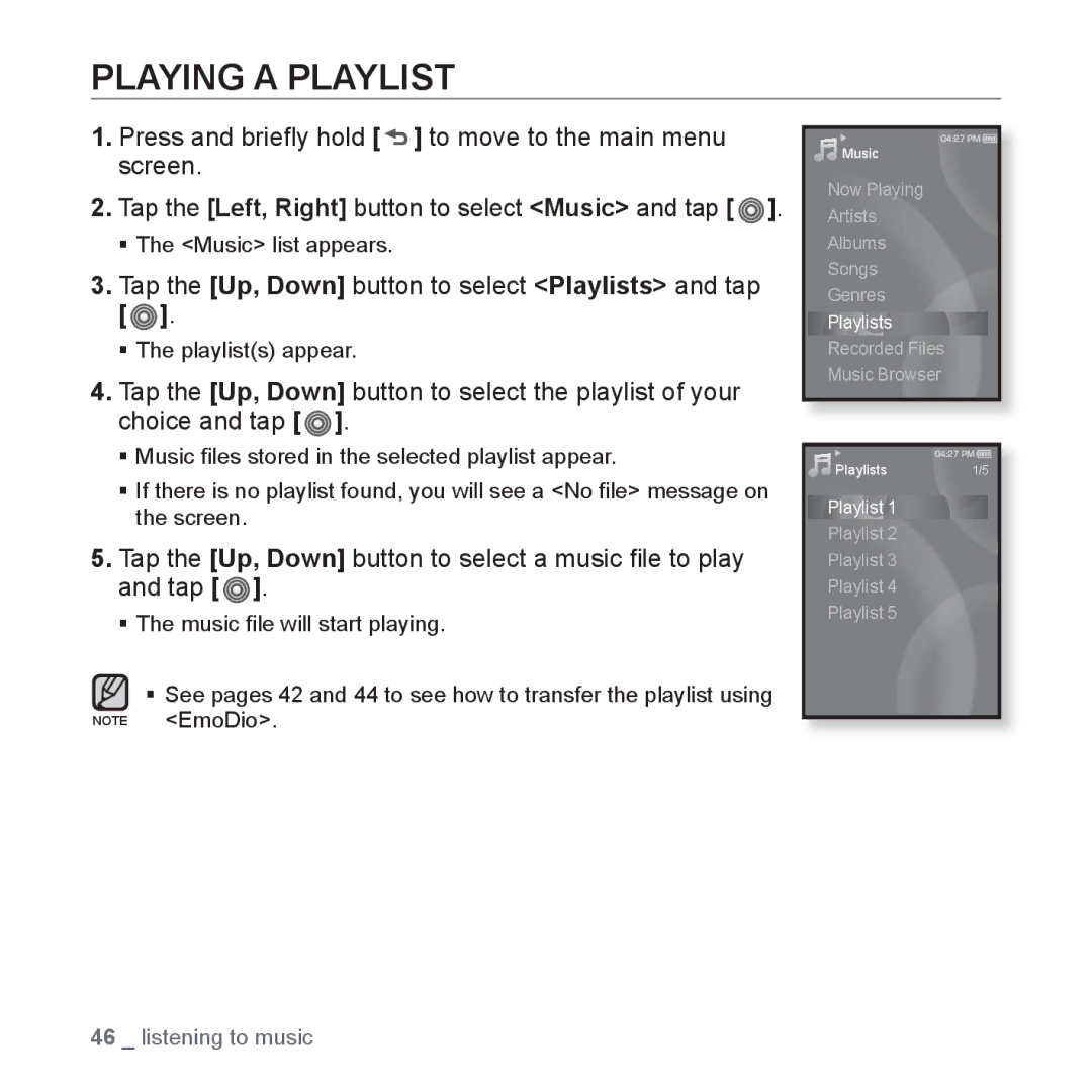 Samsung YP-S3AR/XSV, YP-S3QB/XSV, YP-S3QG/XSV manual Playing a Playlist, Tap the Up, Down button to select Playlists and tap 