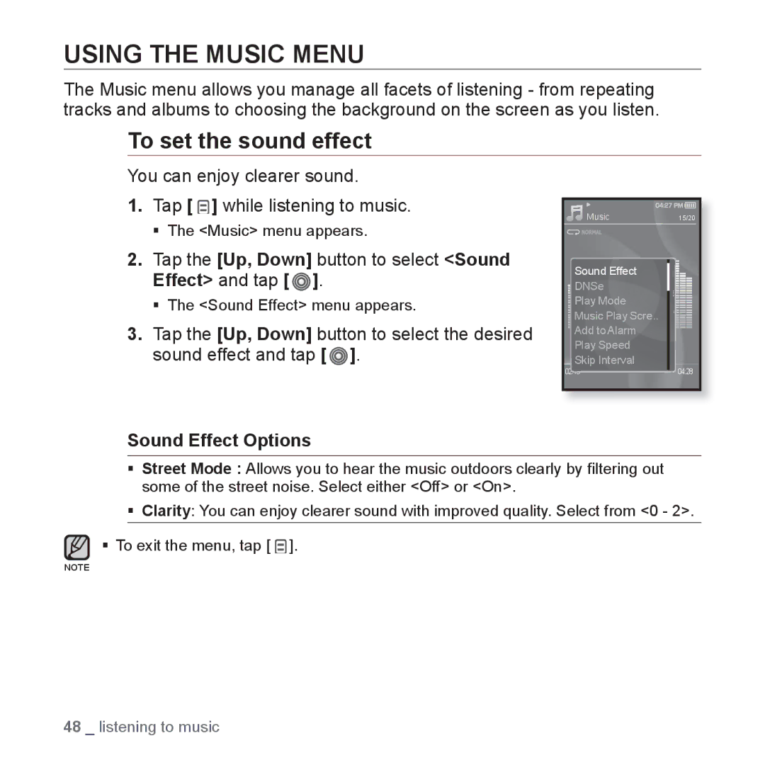 Samsung YP-S3QL/XSV Using the Music Menu, To set the sound effect, Tap the Up, Down button to select Sound Effect and tap 