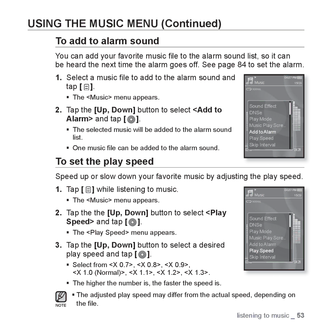 Samsung YP-S3QW/XSV, YP-S3QB/XSV, YP-S3QG/XSV, YP-S3AW/XSV, YP-S3AG/XSV, YP-S3AL/XSV manual To set the play speed, Speed and tap 