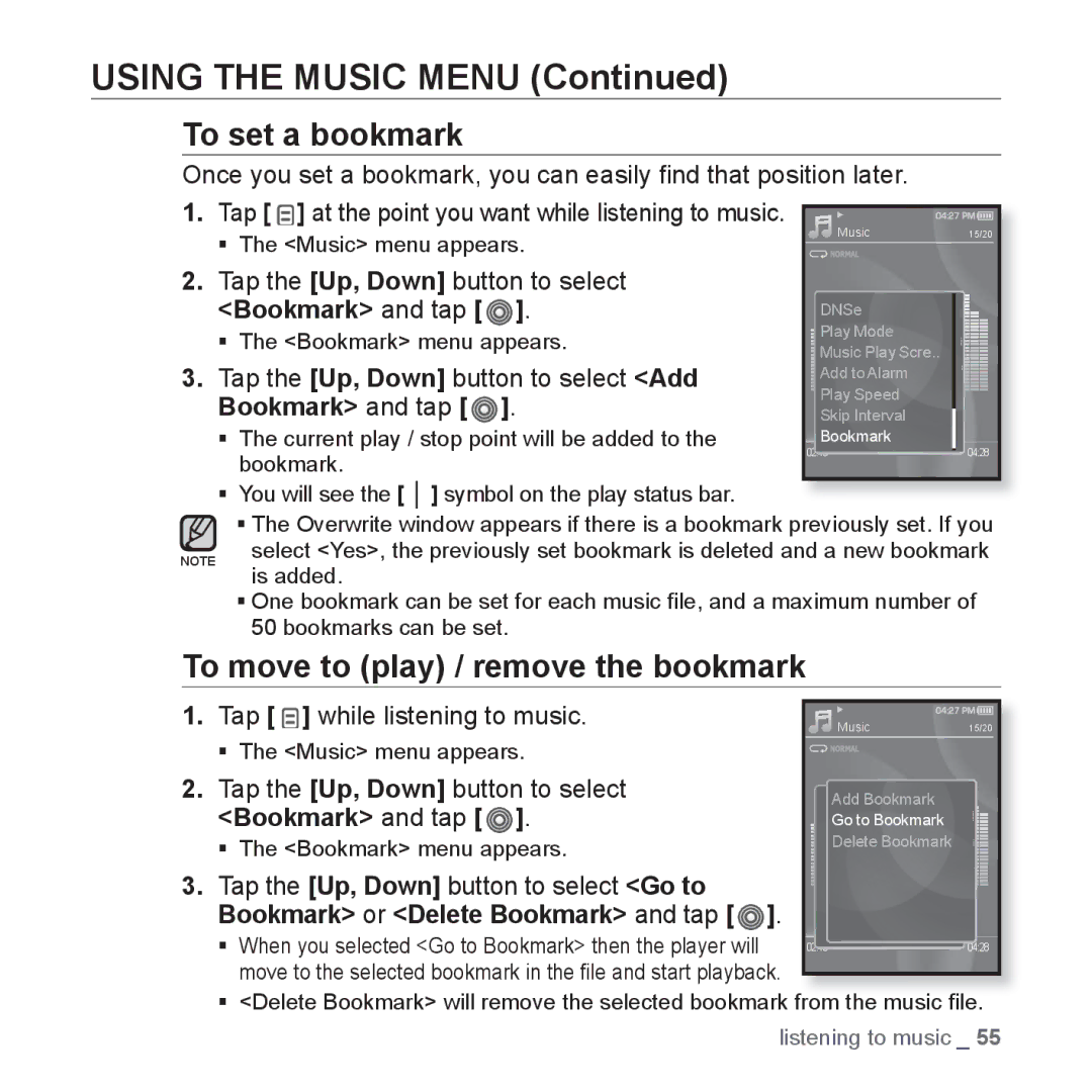 Samsung YP-S3AL/XSV manual To set a bookmark, To move to play / remove the bookmark, Tap the Up, Down button to select 