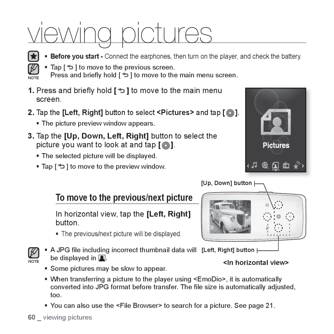 Samsung YP-S3QB/XSV Viewing pictures, To move to the previous/next picture, Horizontal view, tap the Left, Right button 