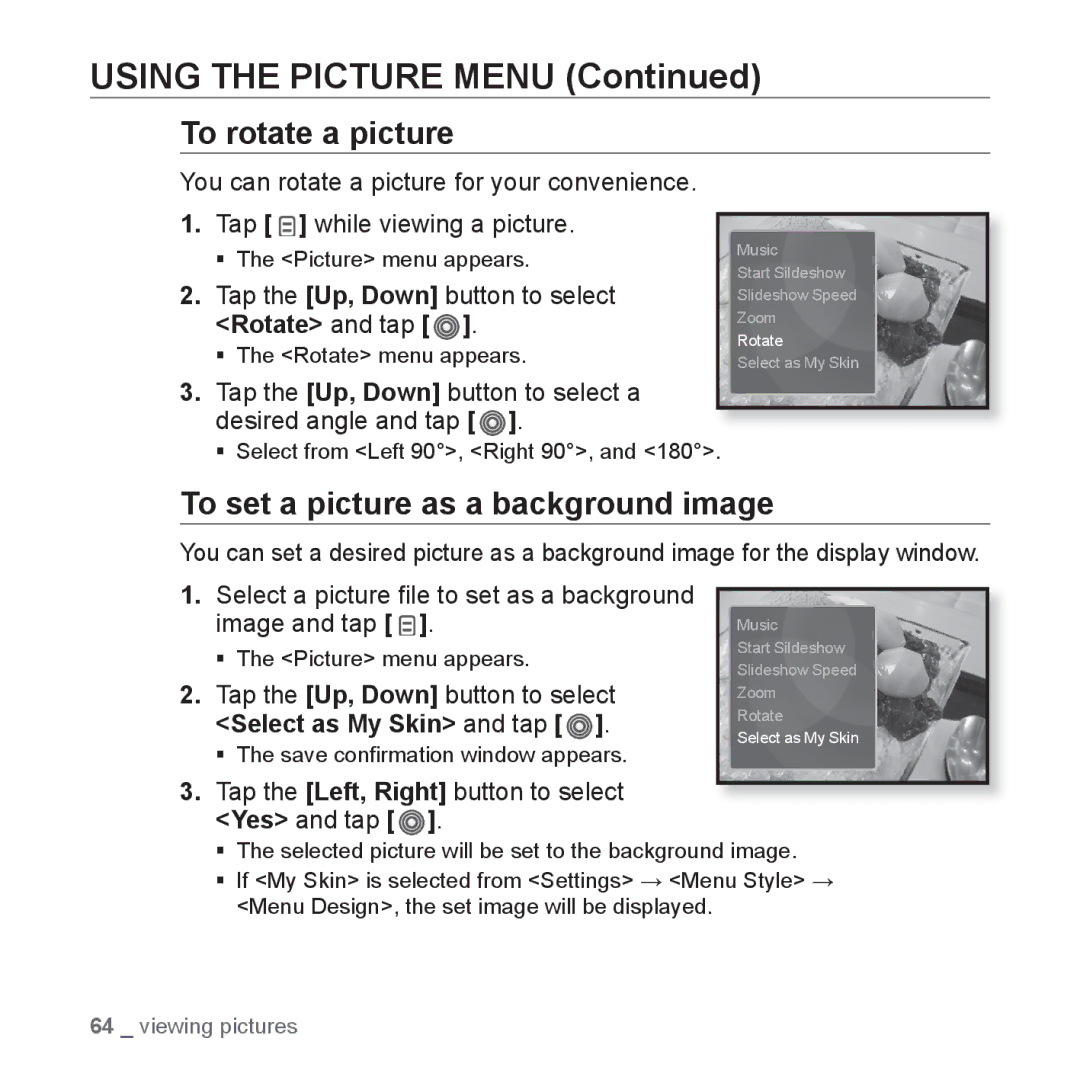 Samsung YP-S3AG/XSV, YP-S3QB/XSV, YP-S3QG/XSV, YP-S3AW/XSV manual To rotate a picture, To set a picture as a background image 