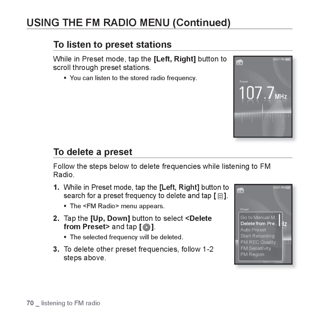 Samsung YP-S3QB/XSV, YP-S3QG/XSV, YP-S3AW/XSV, YP-S3QW/XSV, YP-S3AG/XSV manual To listen to preset stations, To delete a preset 