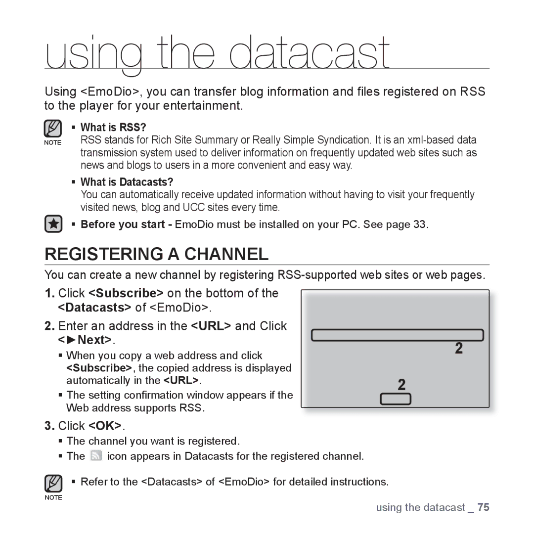 Samsung YP-S3AL/XSV, YP-S3QB/XSV, YP-S3QG/XSV, YP-S3AW/XSV manual Using the datacast, Registering a Channel, Next, Click OK 