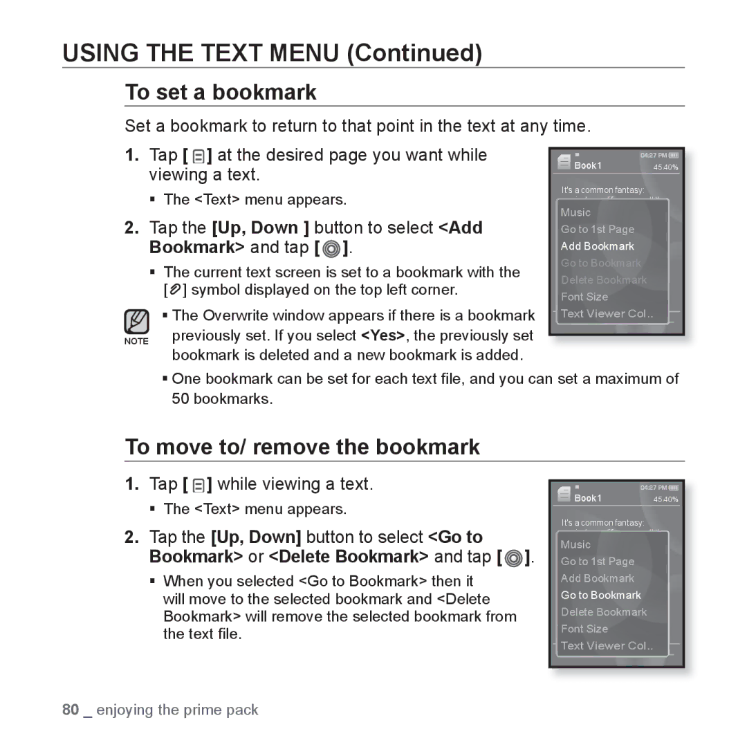 Samsung YP-S3QB/XSV, YP-S3QG/XSV, YP-S3AW/XSV manual Using the Text Menu, To move to/ remove the bookmark, Viewing a text 