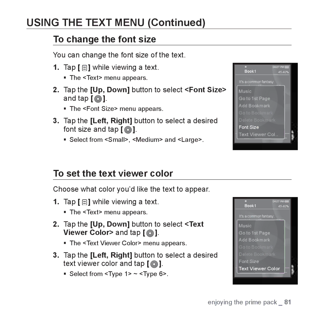 Samsung YP-S3QG/XSV, YP-S3QB/XSV, YP-S3AW/XSV, YP-S3QW/XSV, YP-S3AG/XSV To change the font size, To set the text viewer color 