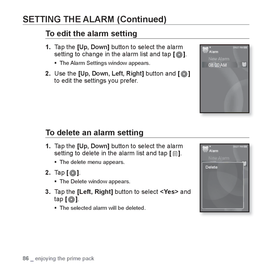 Samsung YP-S3AR/XSV, YP-S3QB/XSV, YP-S3QG/XSV, YP-S3AW/XSV, YP-S3QW/XSV To edit the alarm setting, To delete an alarm setting 