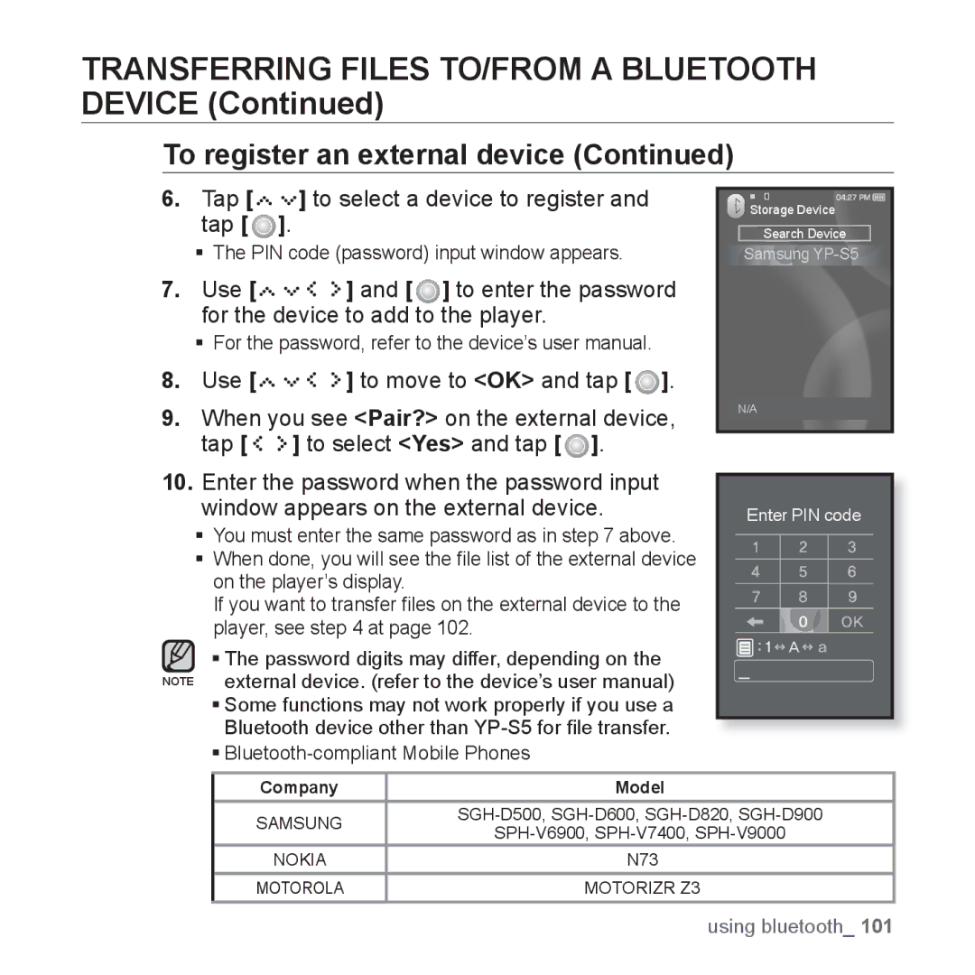 Samsung YP-S5 user manual Transferring Files TO/FROM a Bluetooth Device, Tap to select a device to register and tap 