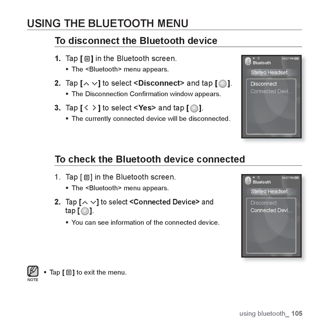 Samsung YP-S5 Using the Bluetooth Menu, To disconnect the Bluetooth device, To check the Bluetooth device connected 