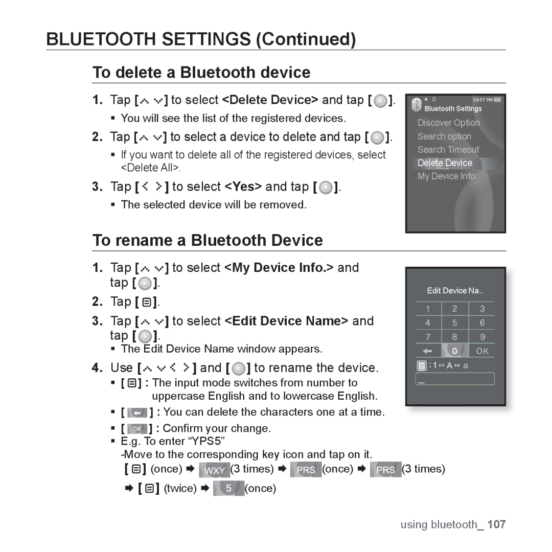 Samsung YP-S5 user manual Bluetooth Settings, To delete a Bluetooth device, To rename a Bluetooth Device 