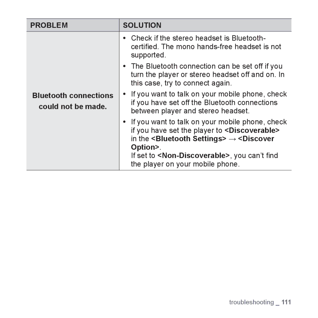 Samsung YP-S5 user manual Bluetooth Settings Discover, Option 