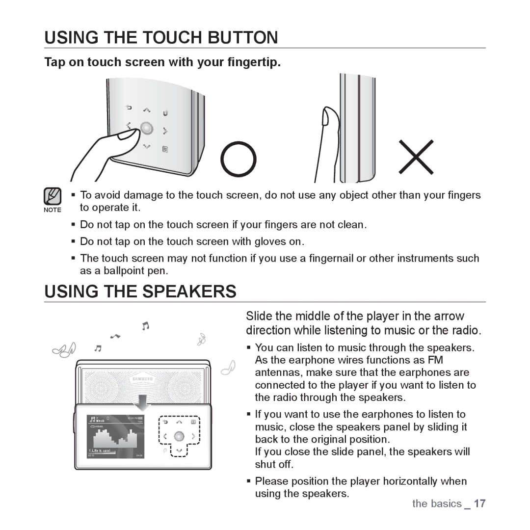 Samsung YP-S5 user manual Using the Touch Button, Using the Speakers, Tap on touch screen with your ﬁngertip 