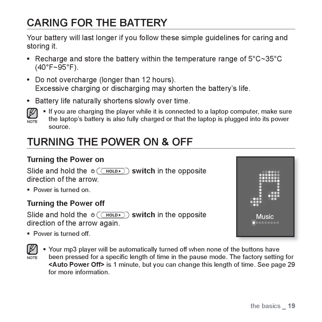 Samsung YP-S5 user manual Caring for the Battery, Turning the Power on & OFF, Turning the Power off 