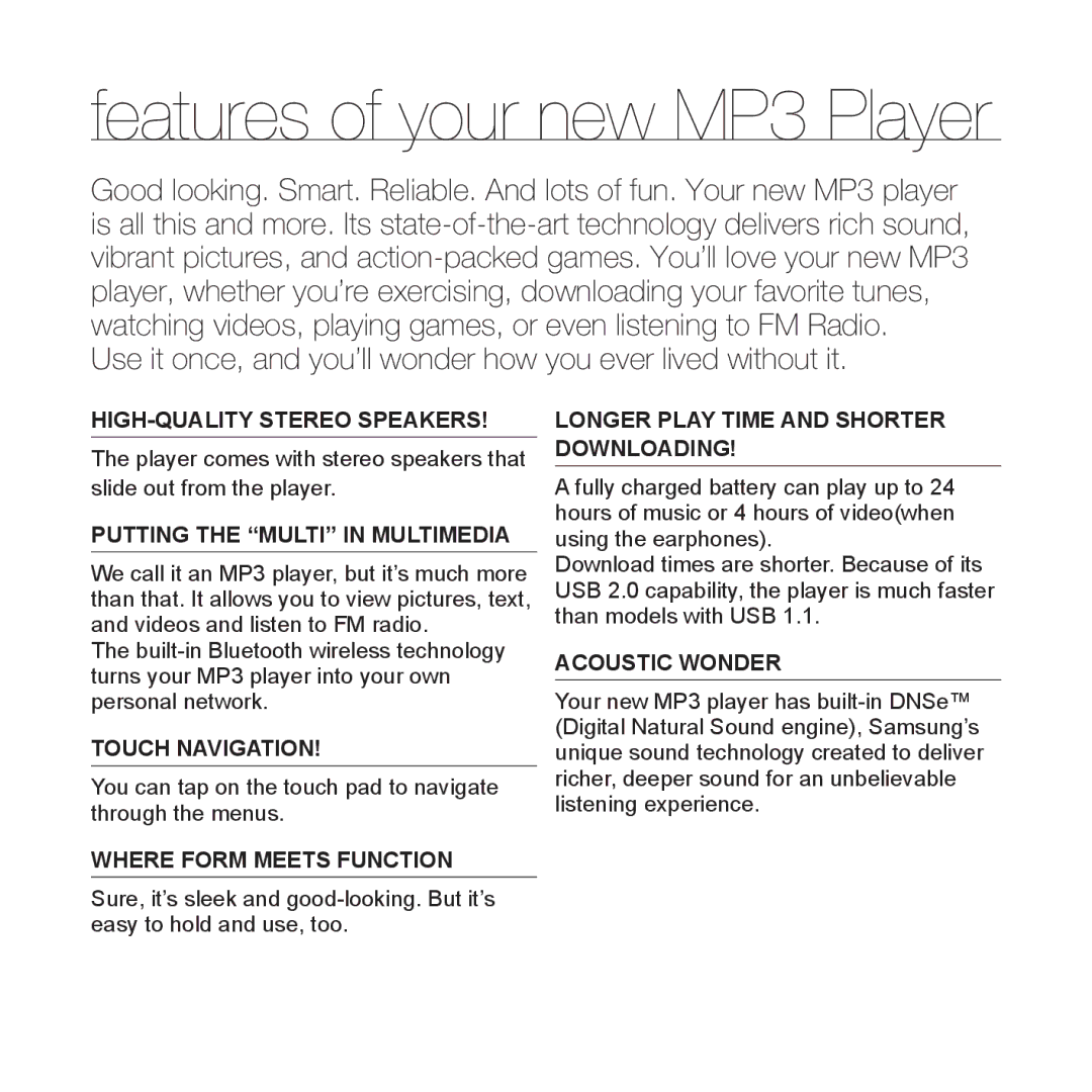 Samsung YP-S5 user manual Features of your new MP3 Player 