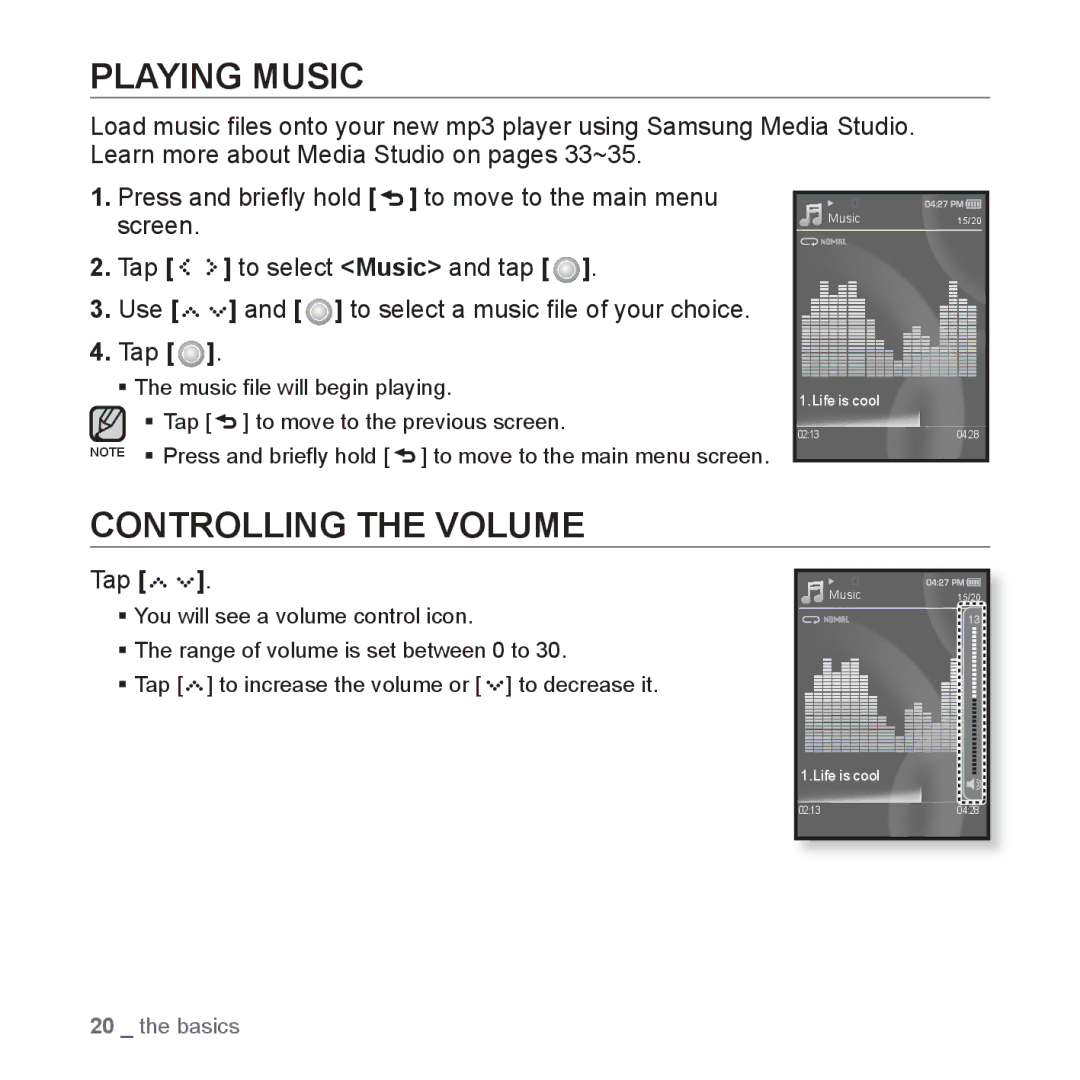 Samsung YP-S5 user manual Playing Music, Controlling the Volume, Tap 