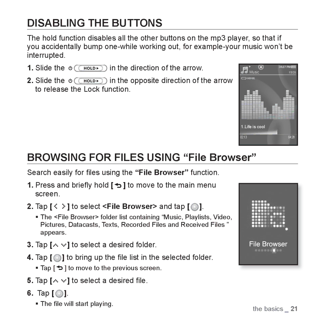 Samsung YP-S5 user manual Disabling the Buttons, Browsing for Files Using File Browser, Tap to select a desired ﬁle 