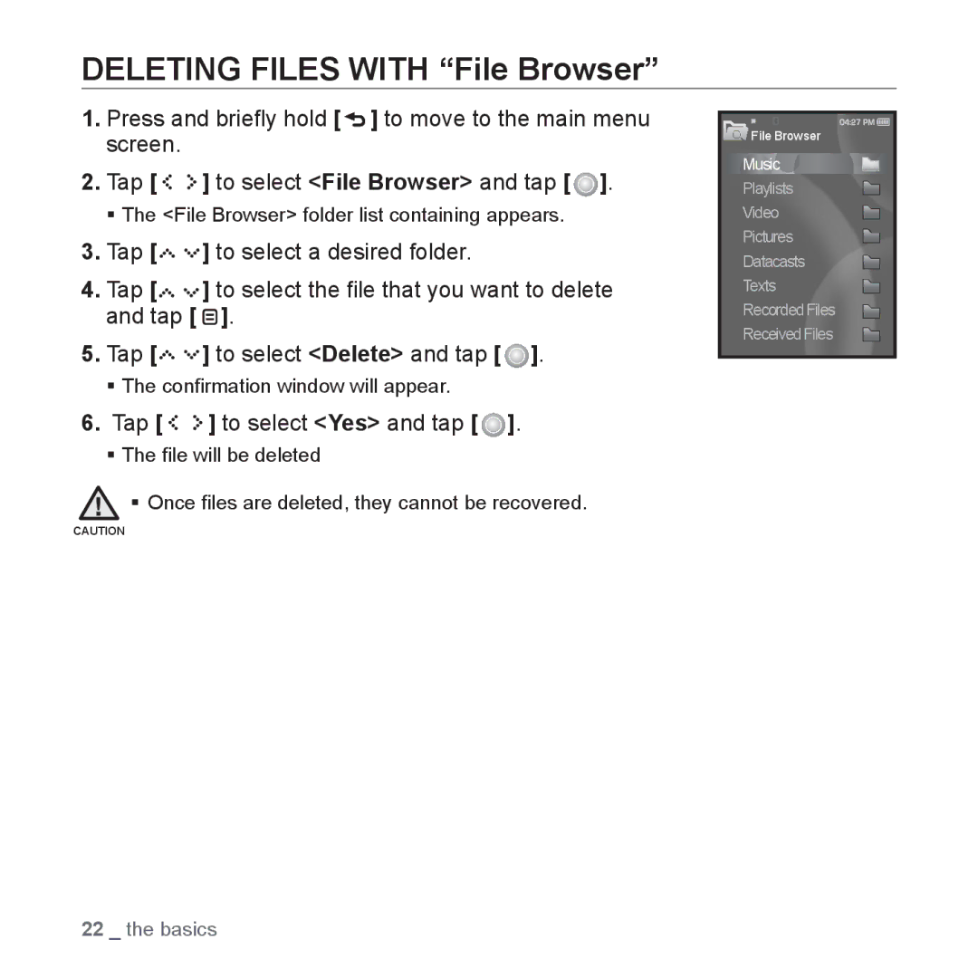 Samsung YP-S5 user manual Deleting Files with File Browser, Tap to select Yes and tap 