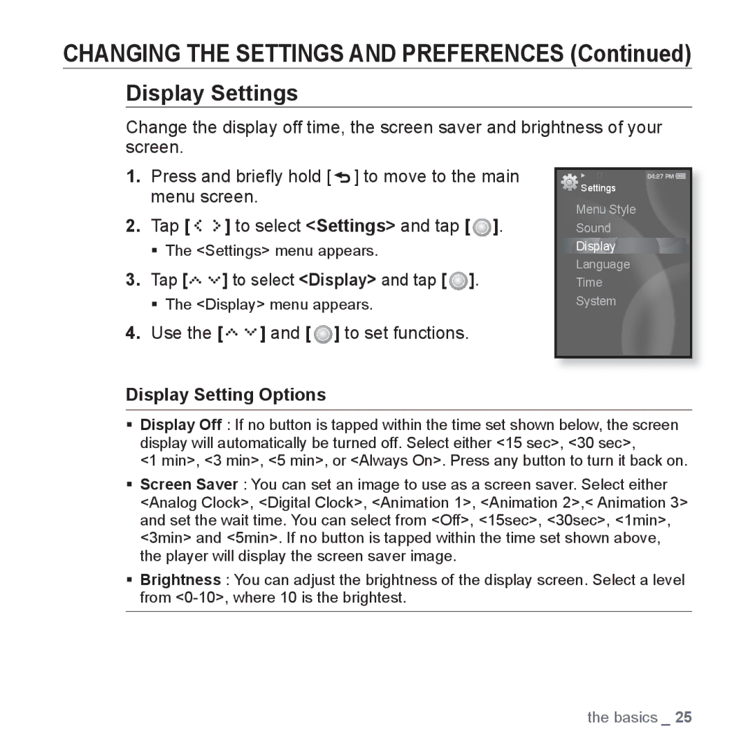 Samsung YP-S5 user manual Display Settings, Tap to select Display and tap, Display Setting Options 