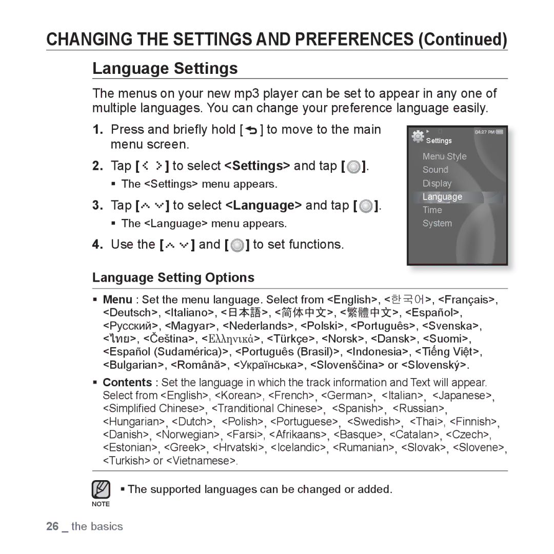 Samsung YP-S5 user manual Language Settings, Tap to select Language and tap, Language Setting Options 