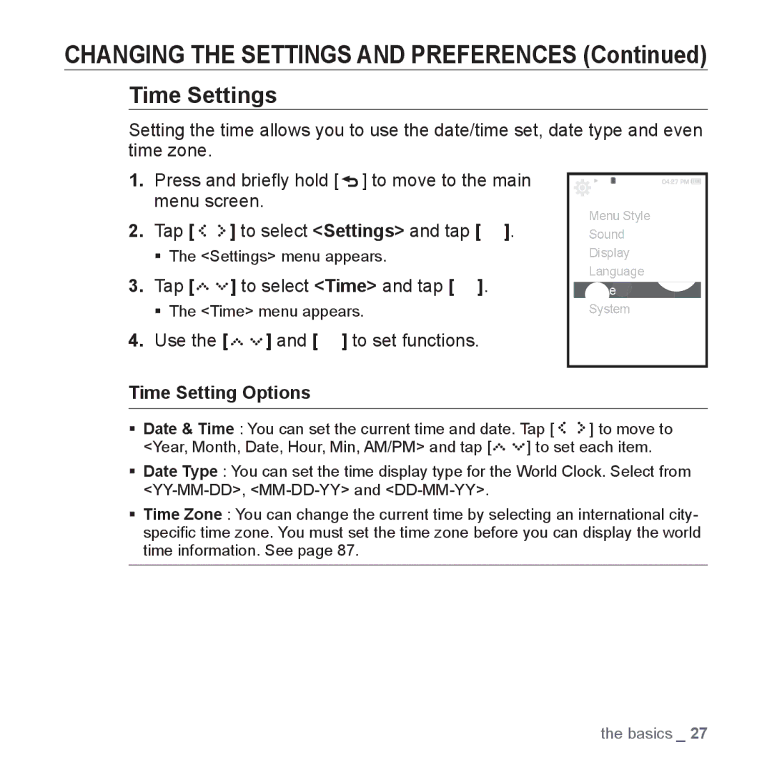 Samsung YP-S5 user manual Time Settings, Tap to select Time and tap, Time Setting Options 