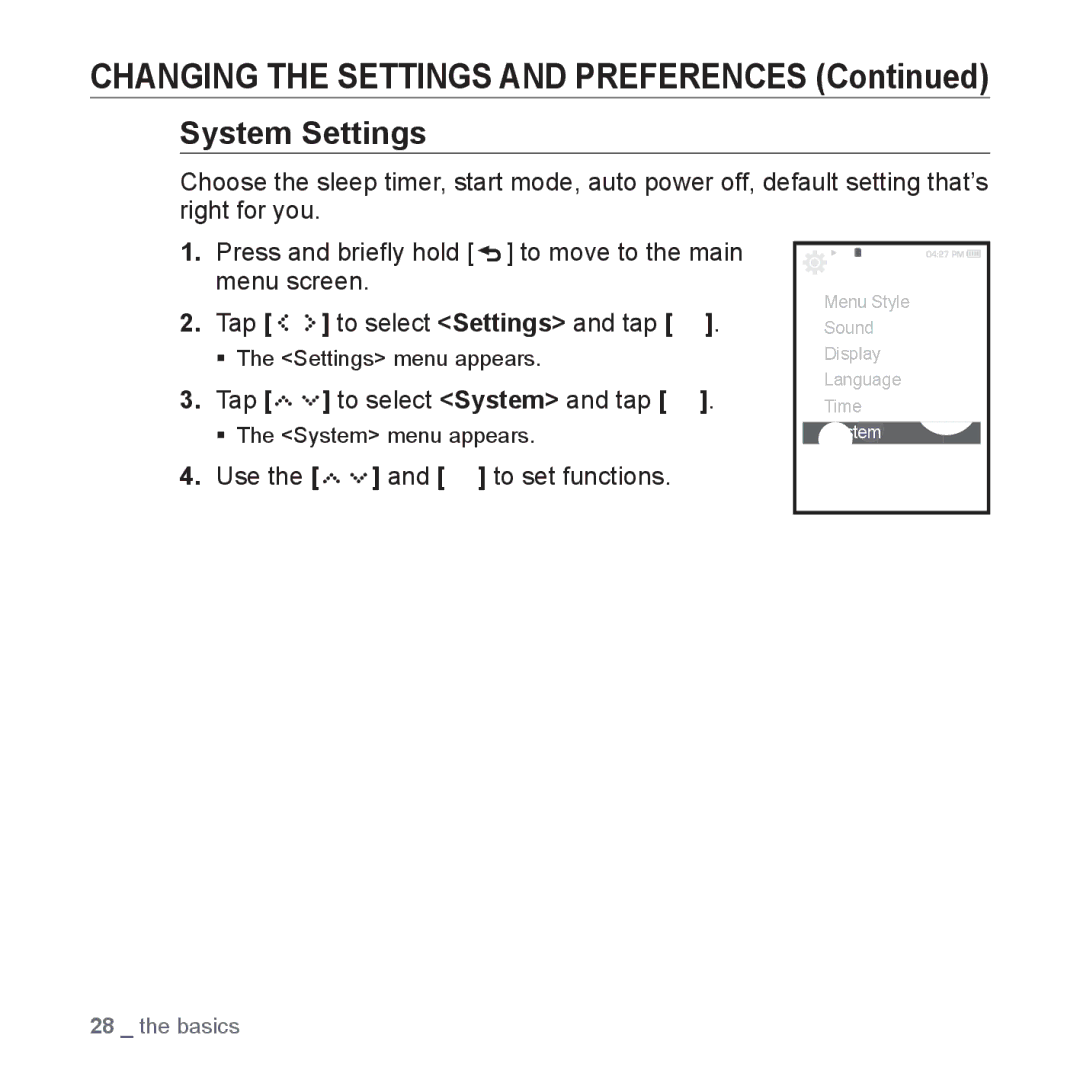 Samsung YP-S5 user manual System Settings, Tap to select System and tap 