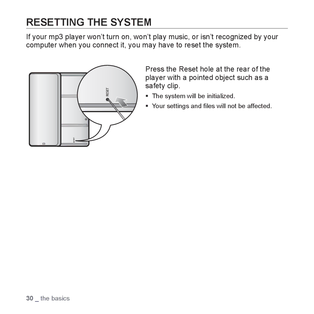 Samsung YP-S5 user manual Resetting the System 