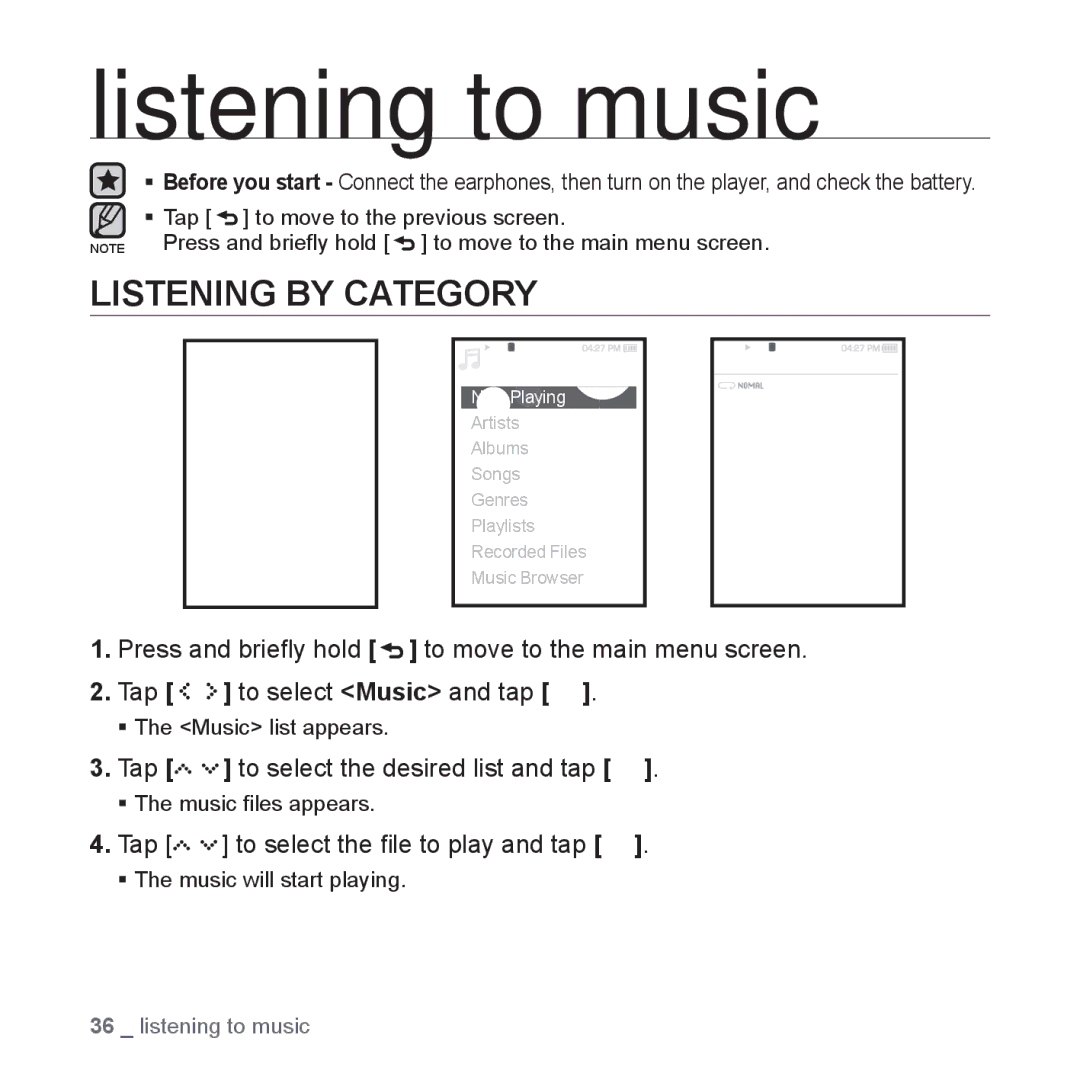 Samsung YP-S5 user manual Listening to music, Listening by Category, Tap to select the desired list and tap 