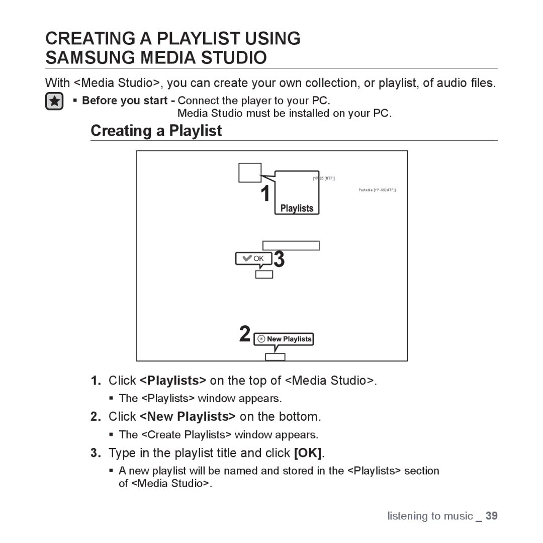 Samsung YP-S5 user manual Creating a Playlist Using Samsung Media Studio, Click Playlists on the top of Media Studio 