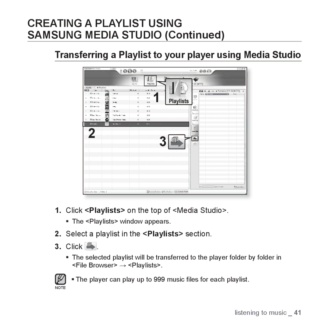 Samsung YP-S5 Creating a Playlist Using, Samsung Media Studio, Transferring a Playlist to your player using Media Studio 