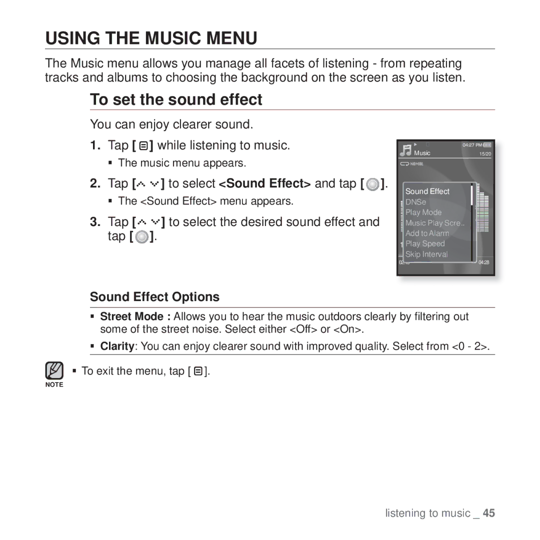 Samsung YP-S5 Using the Music Menu, To set the sound effect, You can enjoy clearer sound Tap while listening to music 