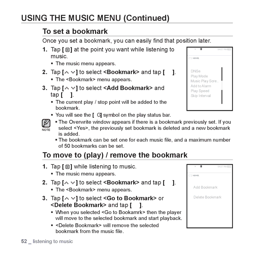 Samsung YP-S5 user manual To set a bookmark, To move to play / remove the bookmark, Tap To select Bookmark and tap 